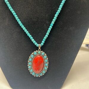 Turquoise and Red Pendant Necklace